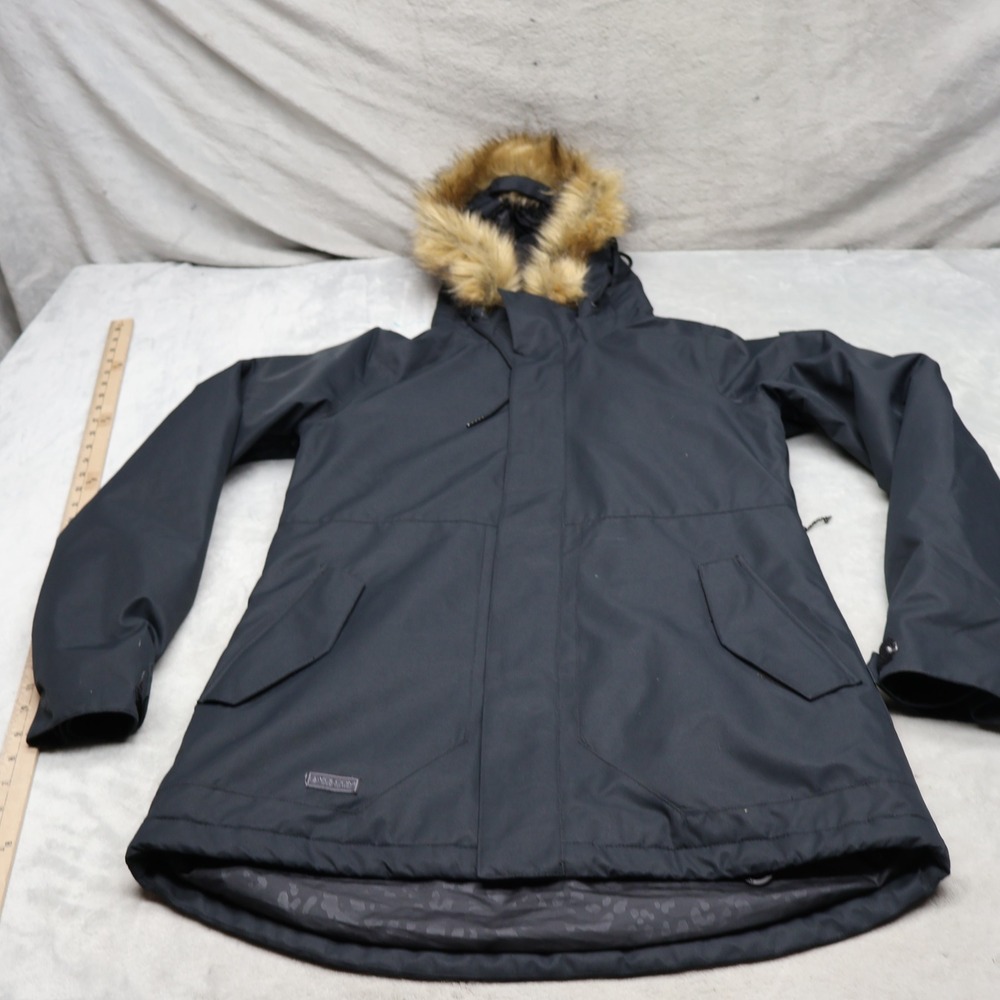 Volcom Snow Jacket Womens Medium Black Fawn Insulated Faux Fur Trim Long Winter